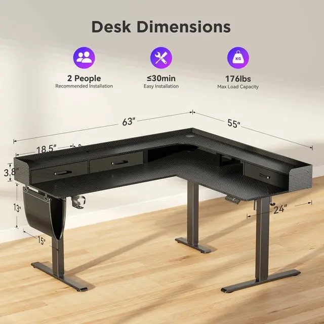 Alt view image 3 of 7 - 63 Inches Height Adjustable L Shaped Standing Desk with 3 Drawers and Monitor Shelf, Electric Corner Comupter Desk, Sit Stand up Home Office Desk, Ergonomic Gaming Desk, Black