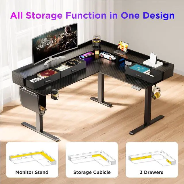 Alt view image 4 of 7 - 63 Inches Height Adjustable L Shaped Standing Desk with 3 Drawers and Monitor Shelf, Electric Corner Comupter Desk, Sit Stand up Home Office Desk, Ergonomic Gaming Desk, Black