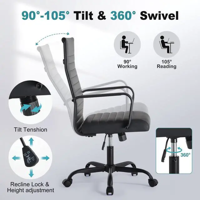 Alt view image 5 of 6 - Office Chair, Adjustable Desk Chair, Mid-Back Ergonomic Conference Room Chairs, Comfortable Leather Executive Ribbed Computer Chair, Swivel Chair with Casters for Home Office