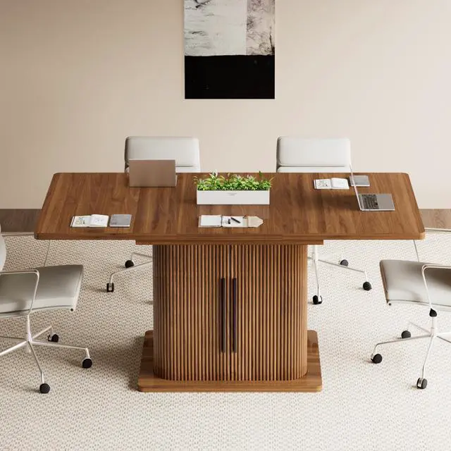 Alt view image 4 of 7 - Extendable Conference Table for 4-6 People, 47-65Inch, Walnut | Modern Rectangle Meeting Room Table with Storage, Fluted Wood Slide Doors, Small Compact, Office, Training, Conference Room