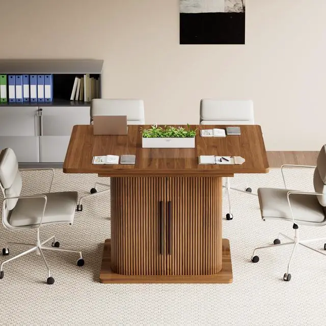 Alt view image 5 of 7 - Extendable Conference Table for 4-6 People, 47-65Inch, Walnut | Modern Rectangle Meeting Room Table with Storage, Fluted Wood Slide Doors, Small Compact, Office, Training, Conference Room
