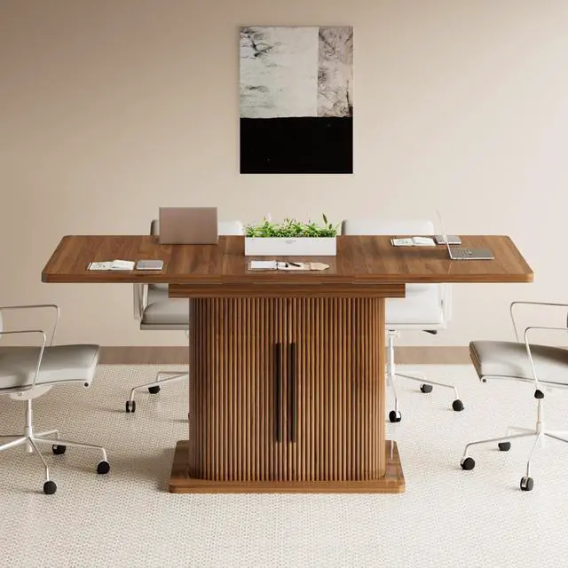Alt view image 3 of 7 - Extendable Conference Table for 4-6 People, 47-65Inch, Walnut | Modern Rectangle Meeting Room Table with Storage, Fluted Wood Slide Doors, Small Compact, Office, Training, Conference Room