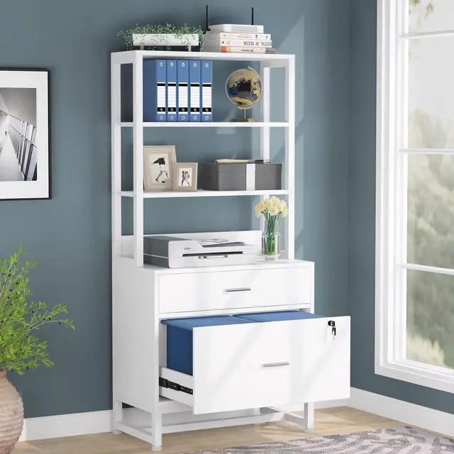 Main image of 2 Drawer Vertical File Cabinet with Lock & Bookshelf, Letter Size Large Modern Filing Cabinet Printer Stand with Open Storage Shelves for Home Office, White