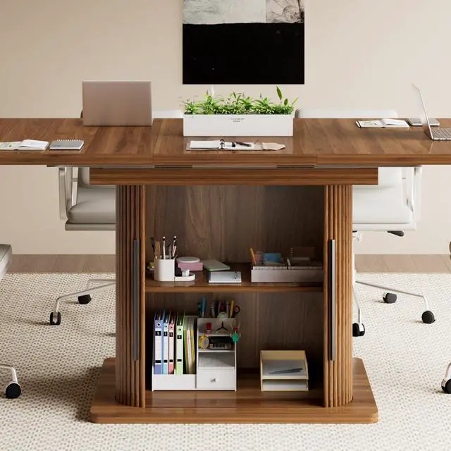 Alt view image 7 of 7 - Extendable Conference Table for 4-6 People, 47-65Inch, Walnut | Modern Rectangle Meeting Room Table with Storage, Fluted Wood Slide Doors, Small Compact, Office, Training, Conference Room
