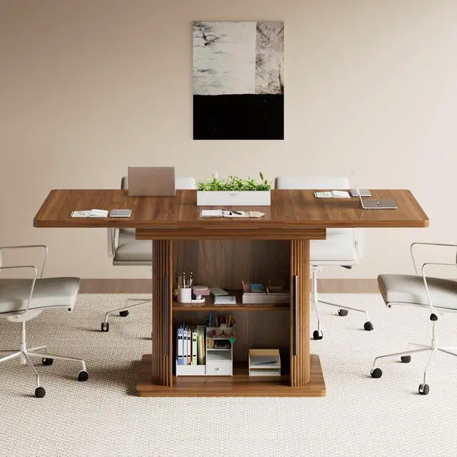 Alt view image 6 of 7 - Extendable Conference Table for 4-6 People, 47-65Inch, Walnut | Modern Rectangle Meeting Room Table with Storage, Fluted Wood Slide Doors, Small Compact, Office, Training, Conference Room