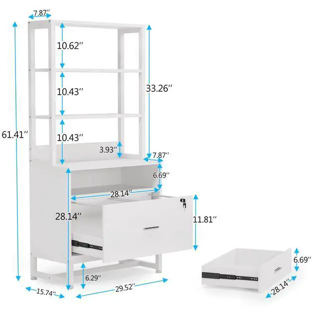 Alt view image 2 of 7 - 2 Drawer Vertical File Cabinet with Lock & Bookshelf, Letter Size Large Modern Filing Cabinet Printer Stand with Open Storage Shelves for Home Office, White
