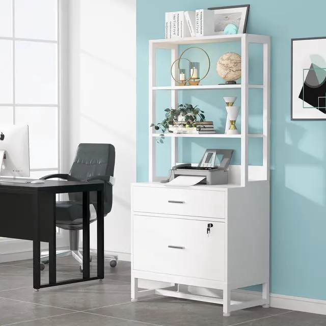 Alt view image 3 of 7 - 2 Drawer Vertical File Cabinet with Lock & Bookshelf, Letter Size Large Modern Filing Cabinet Printer Stand with Open Storage Shelves for Home Office, White