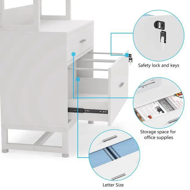 Alt view image 6 of 7 - 2 Drawer Vertical File Cabinet with Lock & Bookshelf, Letter Size Large Modern Filing Cabinet Printer Stand with Open Storage Shelves for Home Office, White