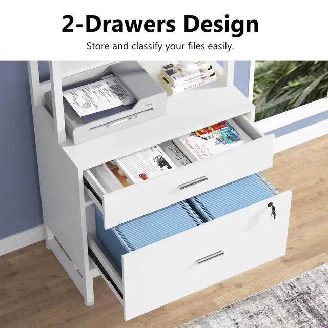 Alt view image 5 of 7 - 2 Drawer Vertical File Cabinet with Lock & Bookshelf, Letter Size Large Modern Filing Cabinet Printer Stand with Open Storage Shelves for Home Office, White