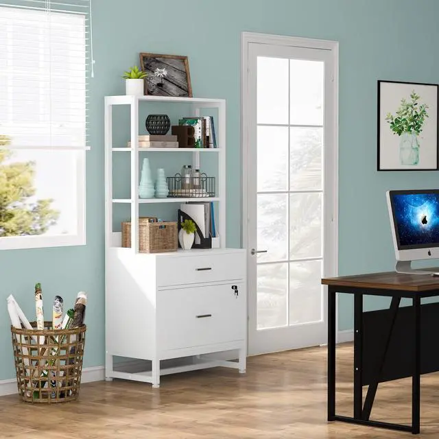 Alt view image 4 of 7 - 2 Drawer Vertical File Cabinet with Lock & Bookshelf, Letter Size Large Modern Filing Cabinet Printer Stand with Open Storage Shelves for Home Office, White