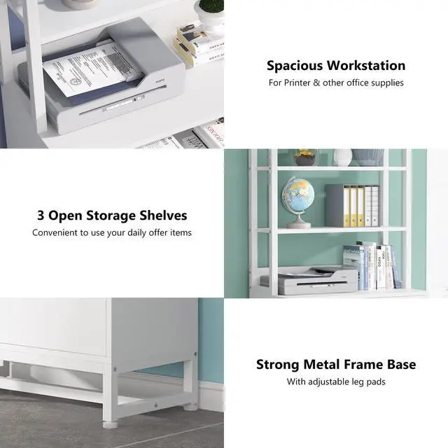 Alt view image 7 of 7 - 2 Drawer Vertical File Cabinet with Lock & Bookshelf, Letter Size Large Modern Filing Cabinet Printer Stand with Open Storage Shelves for Home Office, White