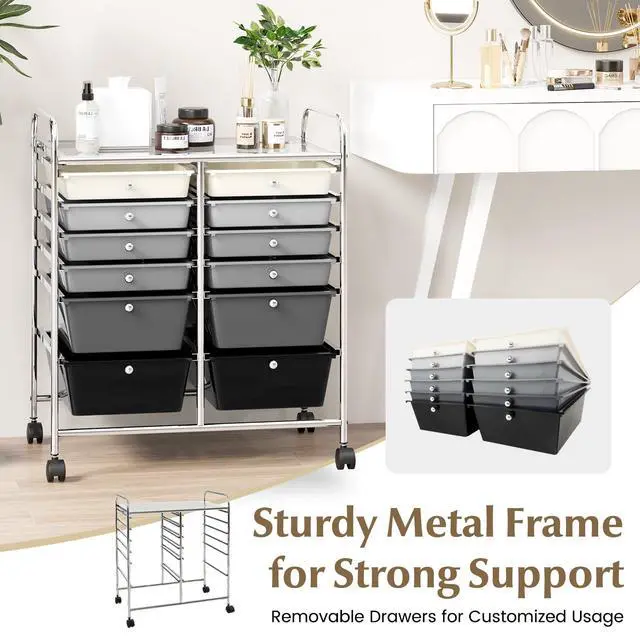 Alt view image 6 of 7 - 12 Drawer Rolling Storage Cart, Utility Cart w/Wheels for Paper Tool Makeup, Art Supplies Craft Organizers for Home Teacher Office School Classroom, Mobile Drawer Carts (Gradient Black)