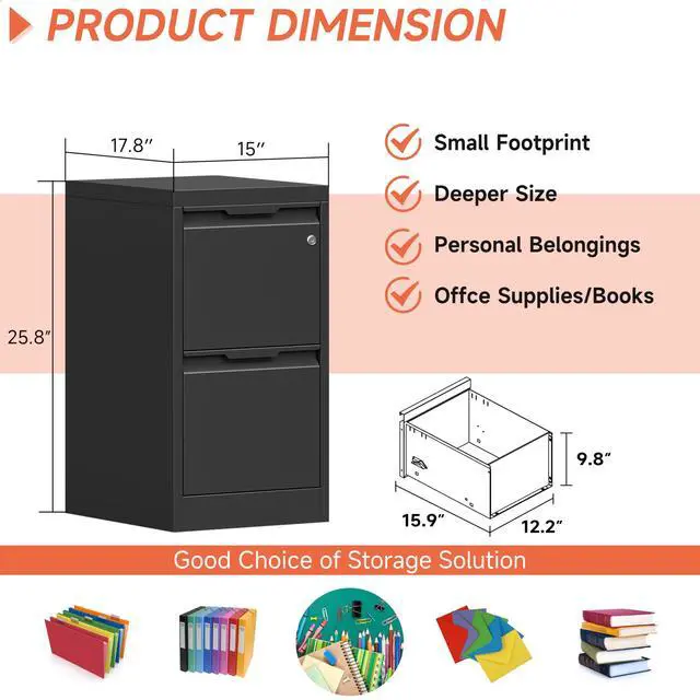 Alt view image 2 of 7 - Metal Filing Cabinet With Lock, Vertical 2 Drawer Cabinet for Home Office/Legal/Letter/A4, Lockable for Hanging Files - Assembly Required/Black