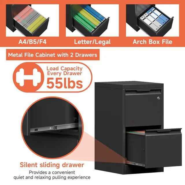 Alt view image 4 of 7 - Metal Filing Cabinet With Lock, Vertical 2 Drawer Cabinet for Home Office/Legal/Letter/A4, Lockable for Hanging Files - Assembly Required/Black