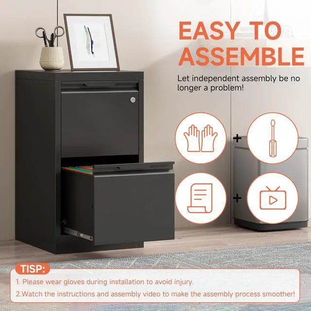 Alt view image 6 of 7 - Metal Filing Cabinet With Lock, Vertical 2 Drawer Cabinet for Home Office/Legal/Letter/A4, Lockable for Hanging Files - Assembly Required/Black