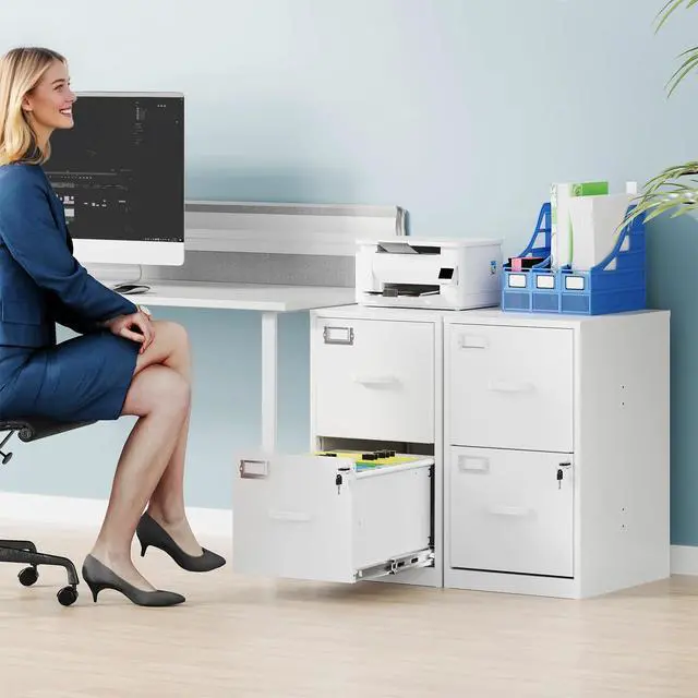 Alt view image 2 of 7 - 2 Drawer File Cabinet with Lock, Metal Filing Cabinets for Home Office, Vertical White Small Caninet for Home Office, Steel Narrow Two Drawer File Cabnet for Letter/File Box- Assembly Required