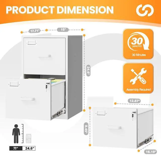 Alt view image 3 of 7 - 2 Drawer File Cabinet with Lock, Metal Filing Cabinets for Home Office, Vertical White Small Caninet for Home Office, Steel Narrow Two Drawer File Cabnet for Letter/File Box- Assembly Required