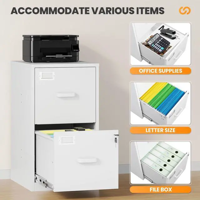 Alt view image 5 of 7 - 2 Drawer File Cabinet with Lock, Metal Filing Cabinets for Home Office, Vertical White Small Caninet for Home Office, Steel Narrow Two Drawer File Cabnet for Letter/File Box- Assembly Required