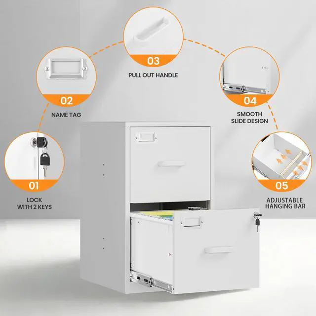 Alt view image 6 of 7 - 2 Drawer File Cabinet with Lock, Metal Filing Cabinets for Home Office, Vertical White Small Caninet for Home Office, Steel Narrow Two Drawer File Cabnet for Letter/File Box- Assembly Required