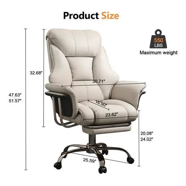 Alt view image 2 of 7 - Big and Tall Office Chair Wide Seat Ergonomic Leather Executive Desk Chair with Leg Rest, Heavy-Duty 550 lbs Adjustable Height Computer Gaming Chairs