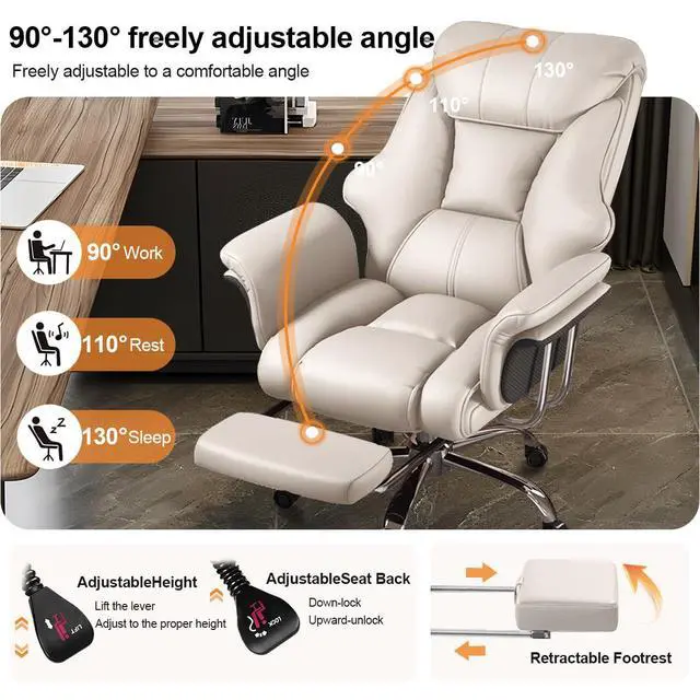 Alt view image 5 of 7 - Big and Tall Office Chair Wide Seat Ergonomic Leather Executive Desk Chair with Leg Rest, Heavy-Duty 550 lbs Adjustable Height Computer Gaming Chairs
