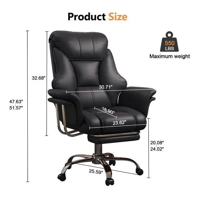 Alt view image 2 of 7 - Big and Tall Office Chair Wide Seat Ergonomic Leather Executive Desk Chair with Leg Rest, Heavy-Duty 550 lbs Adjustable Height Computer Gaming Chairs