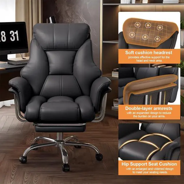 Alt view image 3 of 7 - Big and Tall Office Chair Wide Seat Ergonomic Leather Executive Desk Chair with Leg Rest, Heavy-Duty 550 lbs Adjustable Height Computer Gaming Chairs