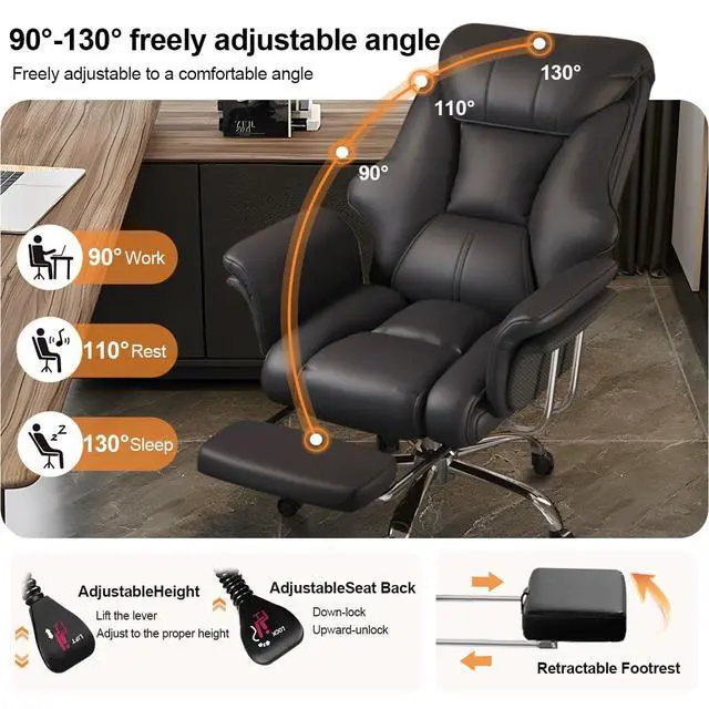 Alt view image 5 of 7 - Big and Tall Office Chair Wide Seat Ergonomic Leather Executive Desk Chair with Leg Rest, Heavy-Duty 550 lbs Adjustable Height Computer Gaming Chairs
