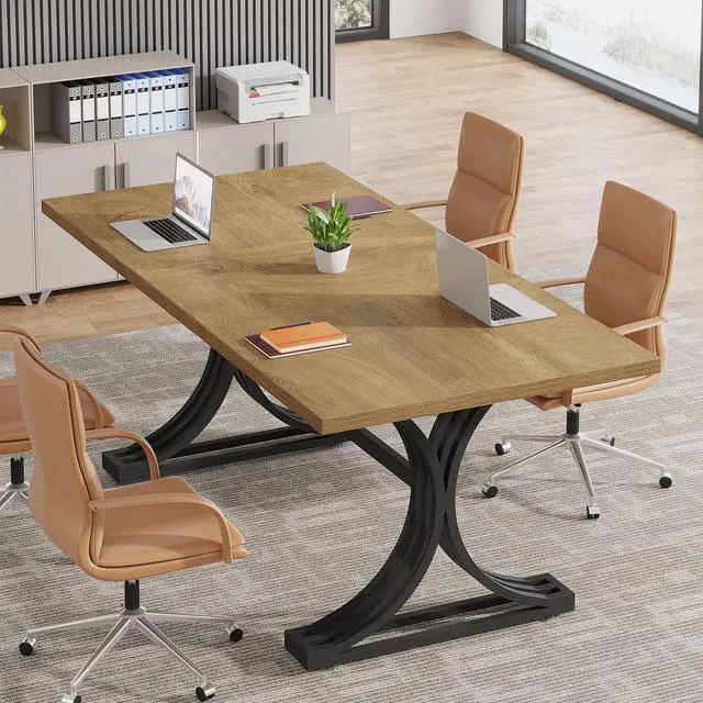 Main image of 5FT Conference Table for 4 to 6, 63" W x 31.5" D Modern Meeting Table with Faux Marble Tabletop, White and Gold Business Seminar Tables for Home Office (Light Brown+Black)