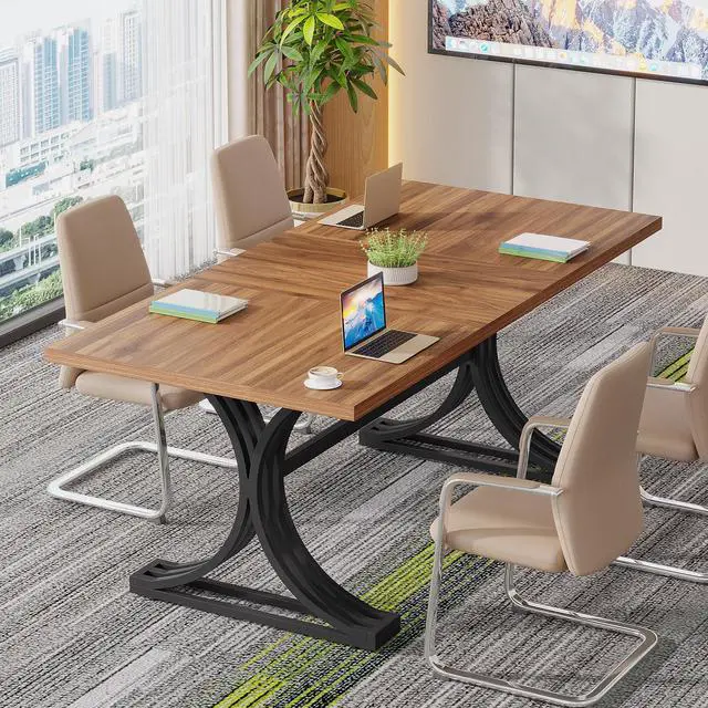 Alt view image 3 of 7 - 5FT Conference Table for 4 to 6, 63" W x 31.5" D Modern Meeting Table with Faux Marble Tabletop, White and Gold Business Seminar Tables for Home Office (Rustic Brown+Black)