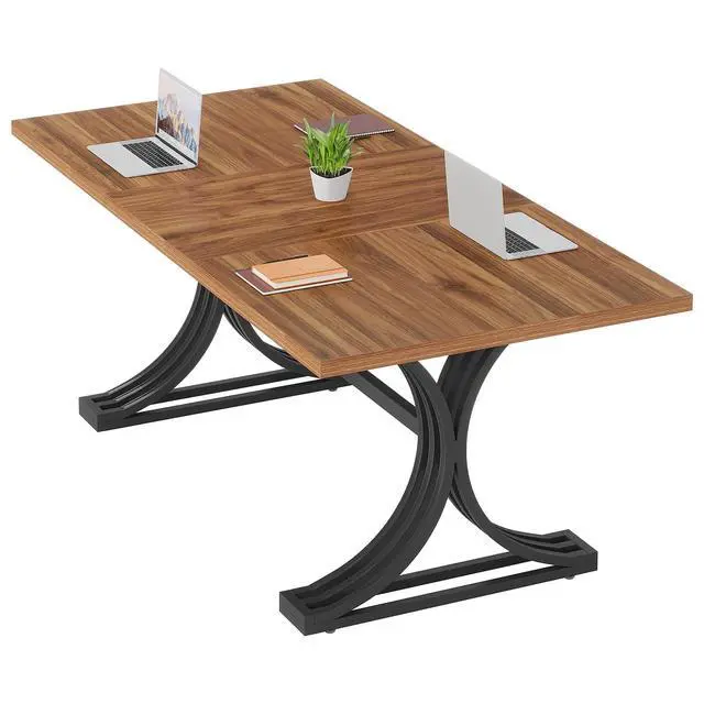 Alt view image 7 of 7 - 5FT Conference Table for 4 to 6, 63" W x 31.5" D Modern Meeting Table with Faux Marble Tabletop, White and Gold Business Seminar Tables for Home Office (Rustic Brown+Black)