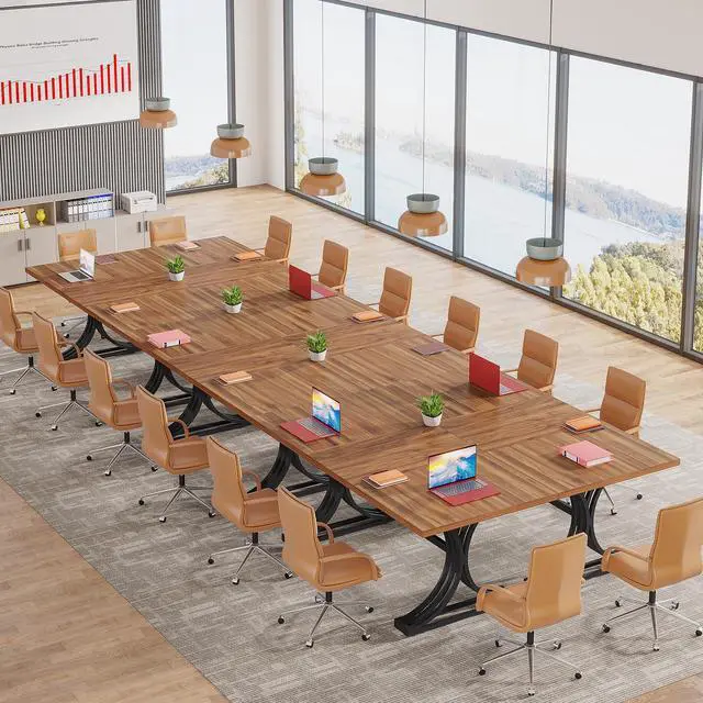 Alt view image 4 of 7 - 5FT Conference Table for 4 to 6, 63" W x 31.5" D Modern Meeting Table with Faux Marble Tabletop, White and Gold Business Seminar Tables for Home Office (Rustic Brown+Black)