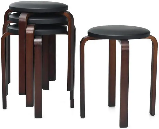 Main image of 4-Pack 18.5-Inch Portable Stackable School Stools for Kids, Black | Bentwood Stack Stools with PU Leather Round Top, Non-Slip Foot Mats, Backless Classroom Kitchen Stools Set of 4 for Students