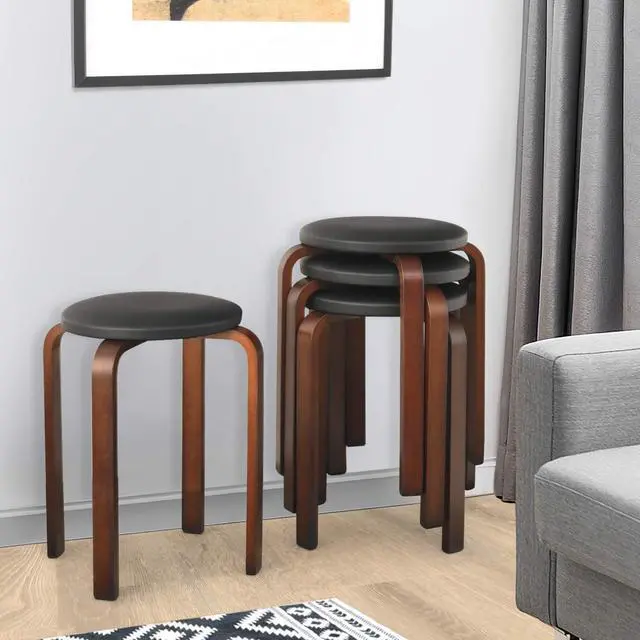 Alt view image 2 of 7 - 4-Pack 18.5-Inch Portable Stackable School Stools for Kids, Black | Bentwood Stack Stools with PU Leather Round Top, Non-Slip Foot Mats, Backless Classroom Kitchen Stools Set of 4 for Students