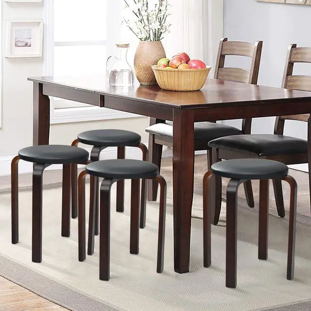 Alt view image 4 of 7 - 4-Pack 18.5-Inch Portable Stackable School Stools for Kids, Black | Bentwood Stack Stools with PU Leather Round Top, Non-Slip Foot Mats, Backless Classroom Kitchen Stools Set of 4 for Students