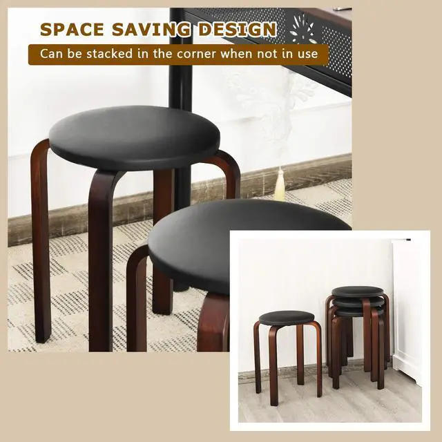 Alt view image 5 of 7 - 4-Pack 18.5-Inch Portable Stackable School Stools for Kids, Black | Bentwood Stack Stools with PU Leather Round Top, Non-Slip Foot Mats, Backless Classroom Kitchen Stools Set of 4 for Students