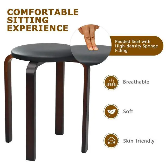 Alt view image 7 of 7 - 4-Pack 18.5-Inch Portable Stackable School Stools for Kids, Black | Bentwood Stack Stools with PU Leather Round Top, Non-Slip Foot Mats, Backless Classroom Kitchen Stools Set of 4 for Students