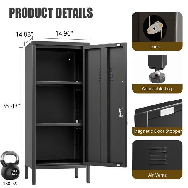 Alt view image 3 of 7 - 35.43" H Metal Locker Storage Cabinet, Office Locker with 2 Adjustable Shelves, Steel Cabinet with 1 Door, High Legs Organizer for Home Office, Kitchen, Living Room, Bedroom and Bathroom