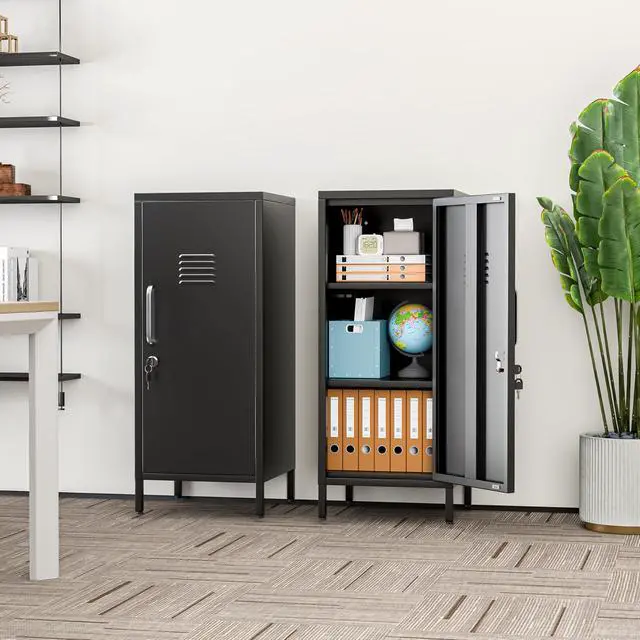 Alt view image 2 of 7 - 35.43" H Metal Locker Storage Cabinet, Office Locker with 2 Adjustable Shelves, Steel Cabinet with 1 Door, High Legs Organizer for Home Office, Kitchen, Living Room, Bedroom and Bathroom