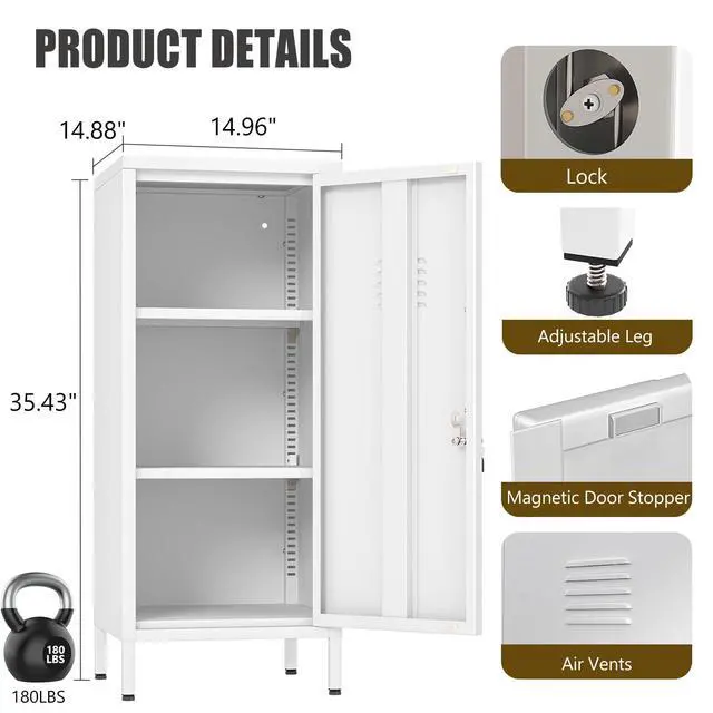 Alt view image 3 of 7 - 35.43" H Metal Locker Storage Cabinet, Office Locker with 2 Adjustable Shelves, Steel Cabinet with 1 Door, High Legs Organizer for Home Office, Kitchen, Living Room, Bedroom and Bathroom
