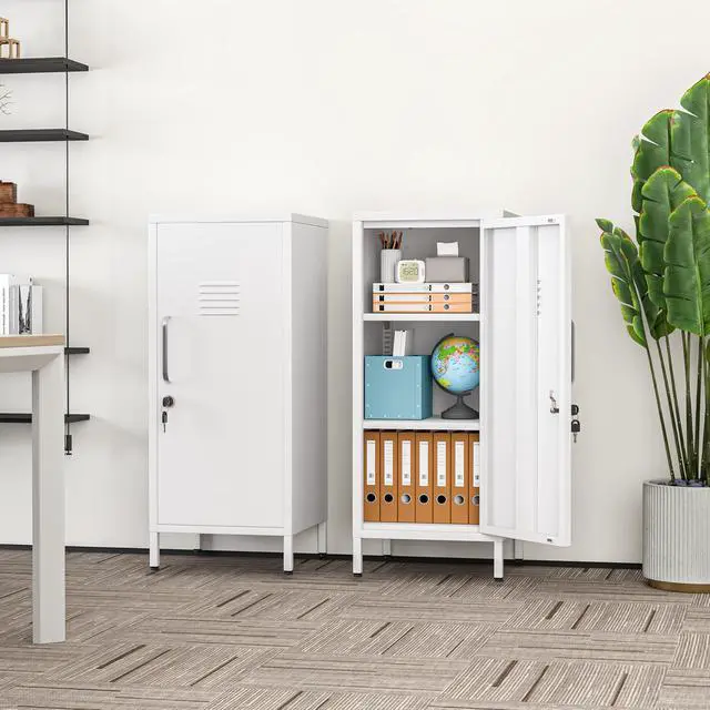 Alt view image 2 of 7 - 35.43" H Metal Locker Storage Cabinet, Office Locker with 2 Adjustable Shelves, Steel Cabinet with 1 Door, High Legs Organizer for Home Office, Kitchen, Living Room, Bedroom and Bathroom