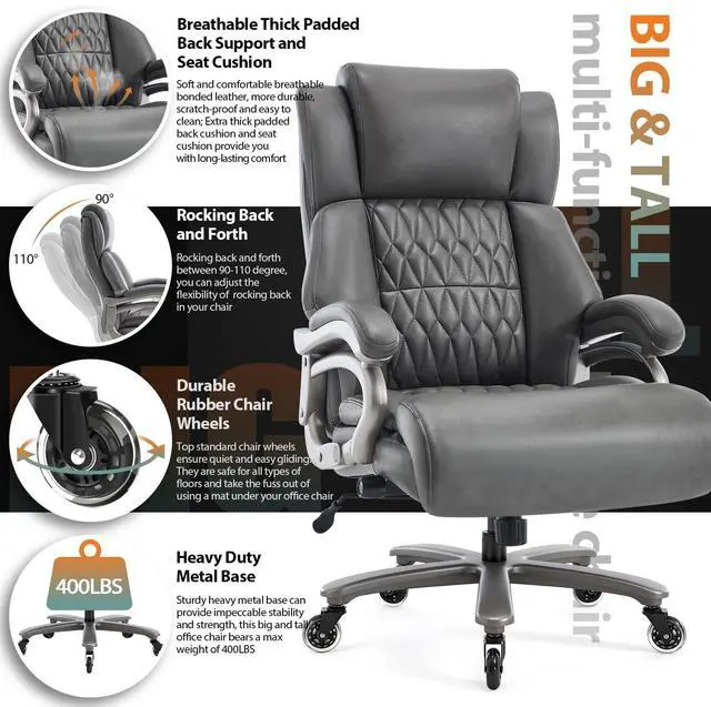 Alt view image 5 of 7 - Big and Tall Office Chair, High Back Large Executive Computer Desk Chair | Adjustable Lumbar Support, Quiet Rubber Wheels, Heavy Duty Metal Base, Ergonomic Design, Large Office Chair, 400lbs