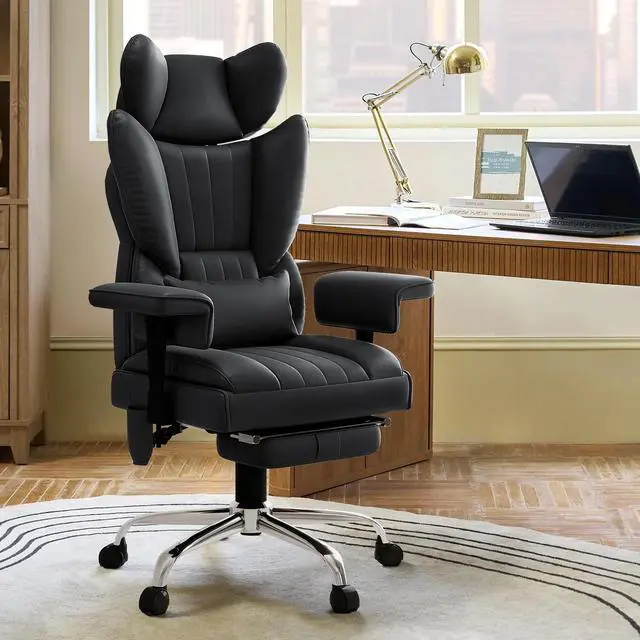 Alt view image 2 of 7 - 6 Points Massage Heated Home Office Chair with Foot Rest, Black | 400LBS Executive Office Chair with Adjustable Headrest, Armrest and Lumbar Pillow, Comfortable PU Leather Desk Chair
