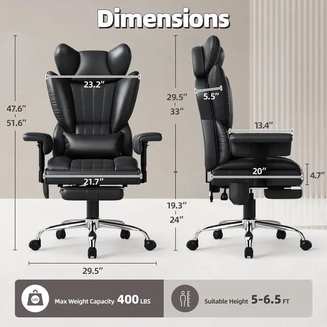 Alt view image 3 of 7 - 6 Points Massage Heated Home Office Chair with Foot Rest, Black | 400LBS Executive Office Chair with Adjustable Headrest, Armrest and Lumbar Pillow, Comfortable PU Leather Desk Chair