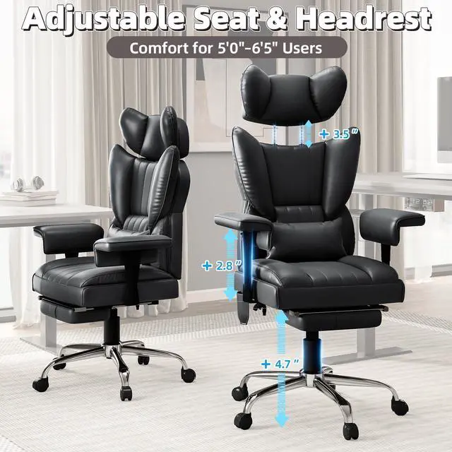 Alt view image 4 of 7 - 6 Points Massage Heated Home Office Chair with Foot Rest, Black | 400LBS Executive Office Chair with Adjustable Headrest, Armrest and Lumbar Pillow, Comfortable PU Leather Desk Chair
