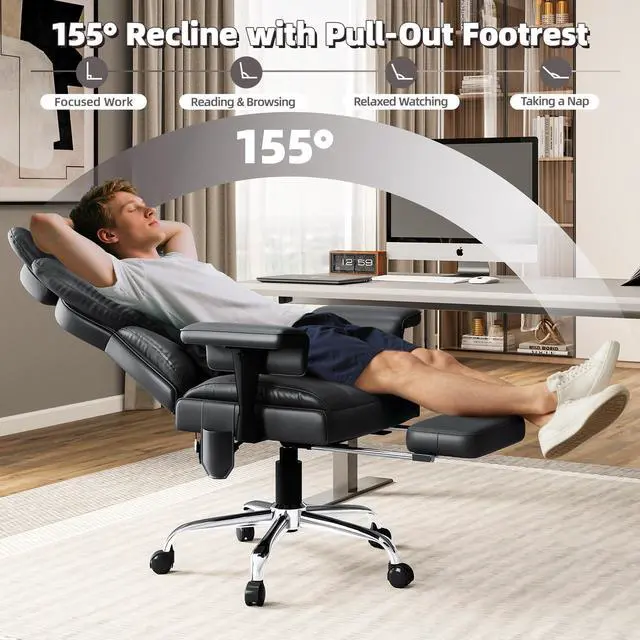 Alt view image 5 of 7 - 6 Points Massage Heated Home Office Chair with Foot Rest, Black | 400LBS Executive Office Chair with Adjustable Headrest, Armrest and Lumbar Pillow, Comfortable PU Leather Desk Chair