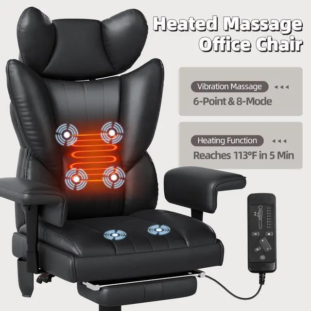 Alt view image 6 of 7 - 6 Points Massage Heated Home Office Chair with Foot Rest, Black | 400LBS Executive Office Chair with Adjustable Headrest, Armrest and Lumbar Pillow, Comfortable PU Leather Desk Chair
