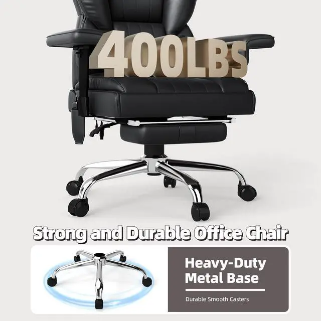 Alt view image 7 of 7 - 6 Points Massage Heated Home Office Chair with Foot Rest, Black | 400LBS Executive Office Chair with Adjustable Headrest, Armrest and Lumbar Pillow, Comfortable PU Leather Desk Chair