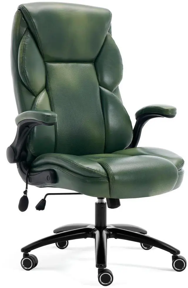 Main image of Executive Office Chair - Adjustable Inflatable Lumbar Support, Flip Up Arms, Heavy Duty Metal Base, Breathable PU Leather Ergonomic High Back Computer Chair Desk Chair, Thick Padded | Green