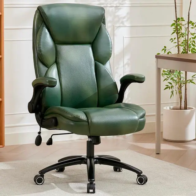 Alt view image 2 of 7 - Executive Office Chair - Adjustable Inflatable Lumbar Support, Flip Up Arms, Heavy Duty Metal Base, Breathable PU Leather Ergonomic High Back Computer Chair Desk Chair, Thick Padded | Green